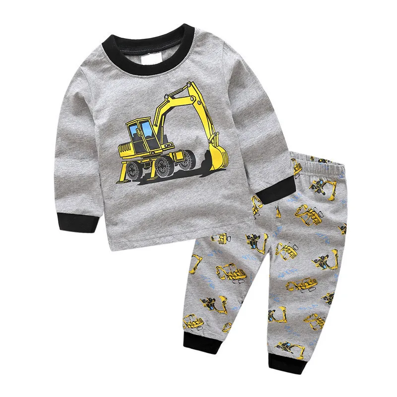 Комплекты одежды для детей; одежда для сна из 2 предметов; милые пижамы с рисунком пожарной машины в европейском стиле; весенние комплекты одежды для сна для мальчиков и девочек - Цвет: T1453 grey