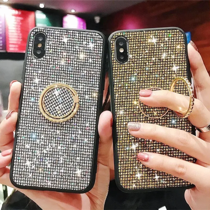 Модный бриллиантовый блестящий чехол с кольцом-подставкой 360 для iPhone 11 12 Pro Max XS 6 6S