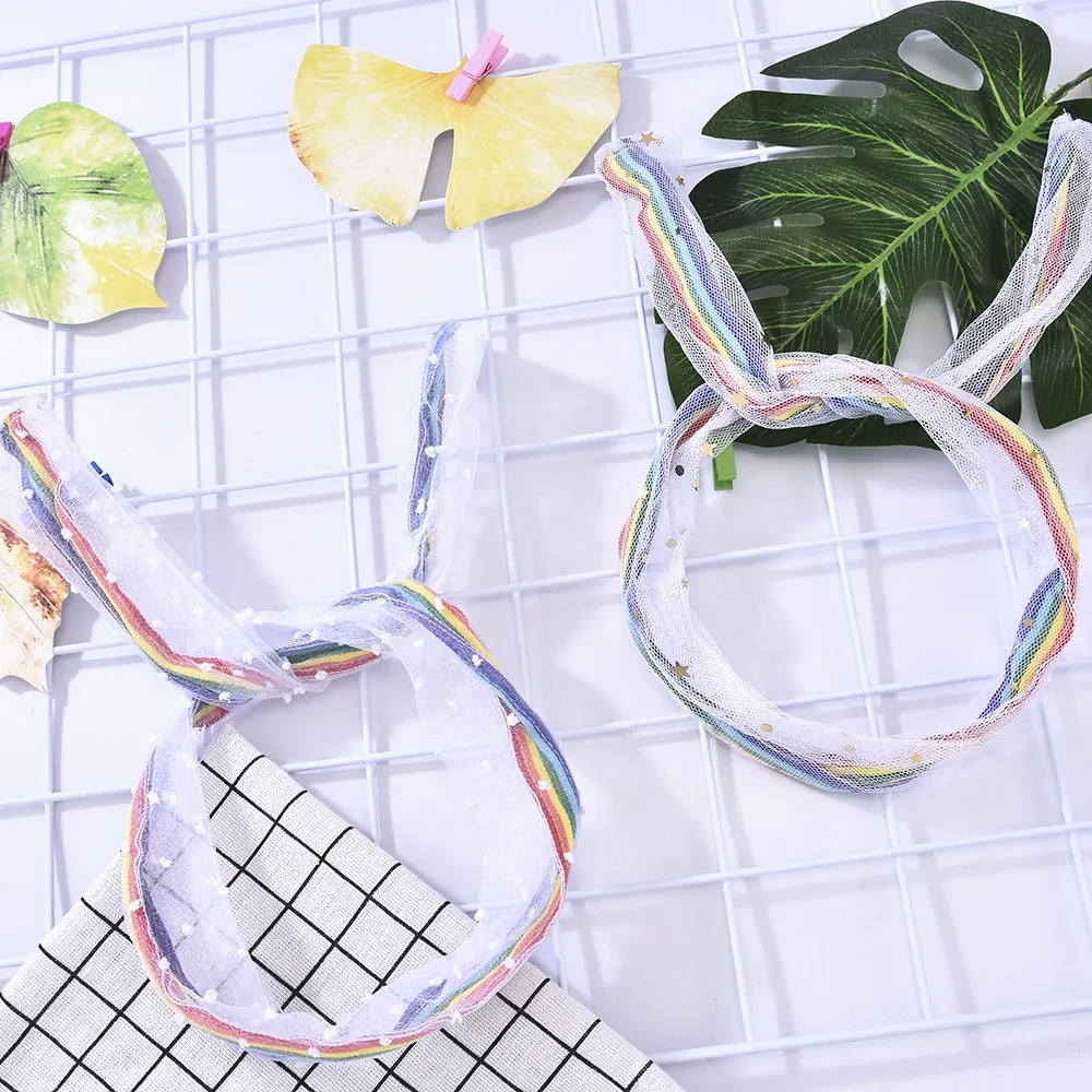 

Korean Women Elastic Kawaii Lace Hair Bands Tie Print Rainbow Star Girls Mesh Scrunchie Headwear Tulle Hair Accessories