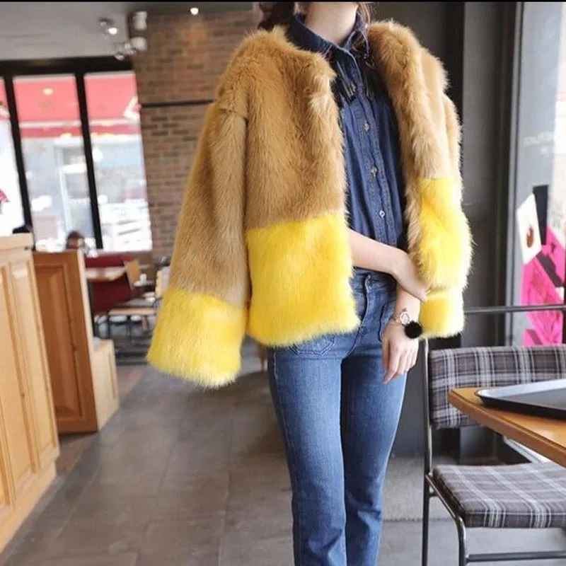 

Small Fresh Temperamental Fur Coat Winter Soft Imitation fox fur Short Color Matching Fur Outwear Mujer Female Jacket