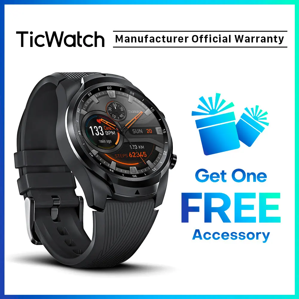 TicWatch Pro 4G/LTE Dual Screen Sleep Tracking Swim-Ready IP68 Waterproof NFC 4G Service for US-Verizon or DE-Vodafone phones