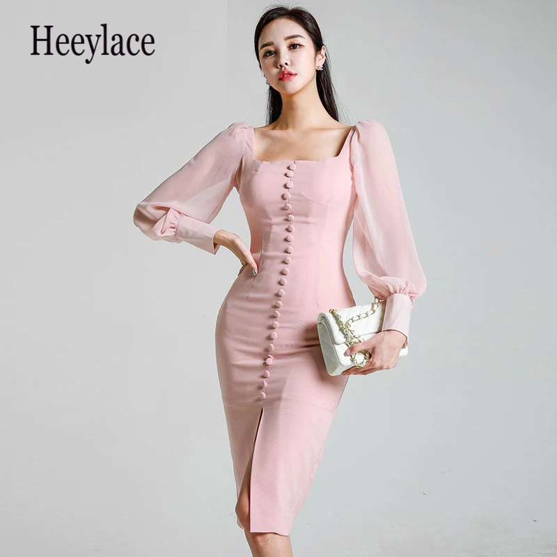 

sexy bodycon ladies party dress solid pink open slide square collar midi robe femme autumn long sleeve work wear dress vestidos