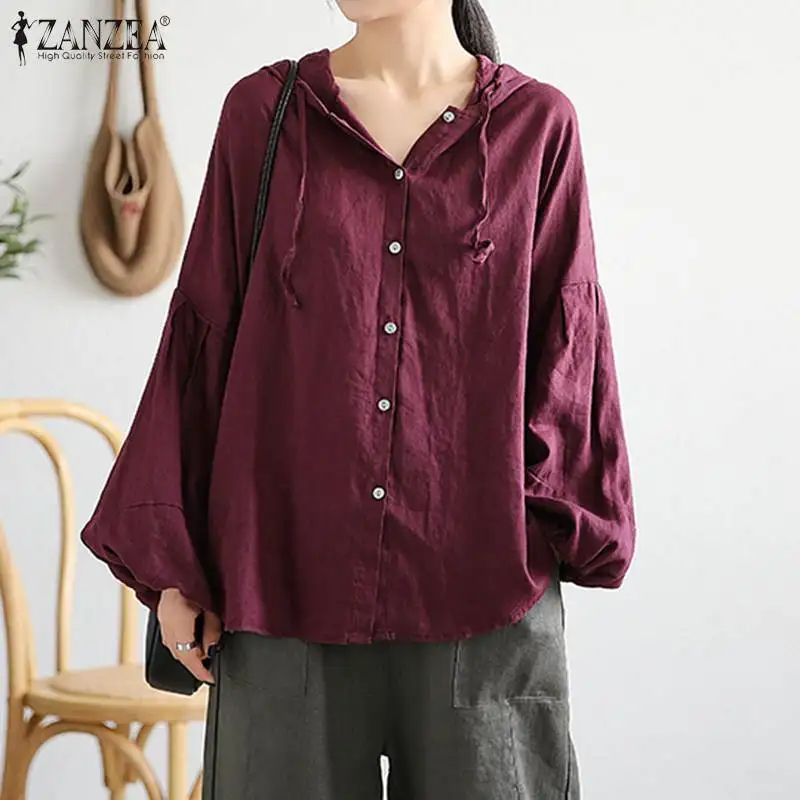  ZANZEA Women Vintage Hoodies Lantern Sleeve Blouse Casual Buttons Shirts Solid Cotton Linen Tops Fe