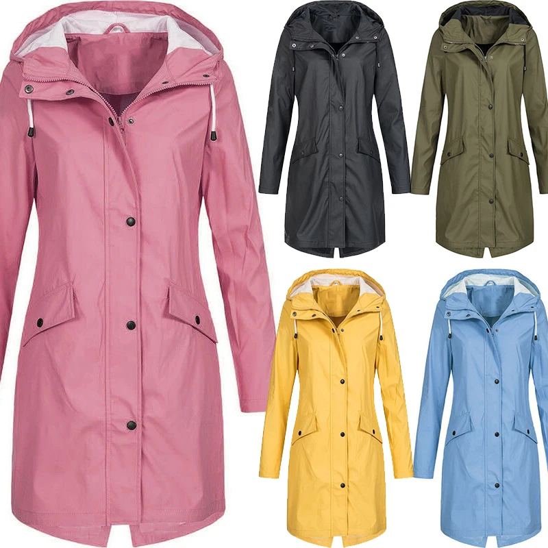 Spring Womens Hooded Long Windbreaker Coat Autumn Ladies Long Sleeve Jacket Outwear Femme Solid Outdoor Hiking Hoodie Raincoat