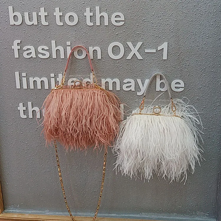 2022 Luxury Ostrich Feather Party Evening Clutch Bag Women Wedding Purses and Handbags Small Shoulder Chain Bag Designer Bag