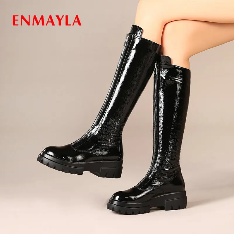 Женские сапоги из лакированной кожи ENMAYLA зимние до колена с круглым носком на