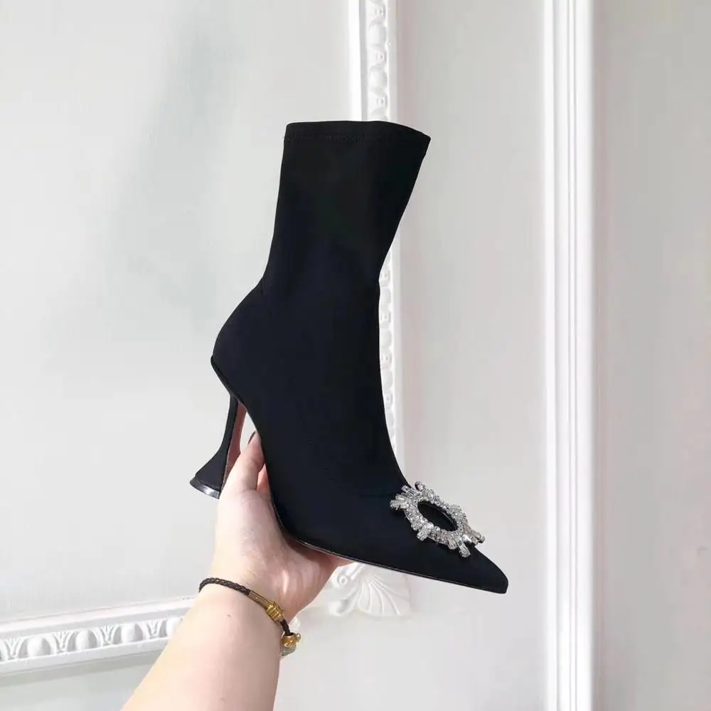 Black BONJEAN Newest Pointed Toe Crystal Flower Embellished High Heel Boots Sexy Strange Heels Ankle Boots Woman Riding Boots - Color: Black