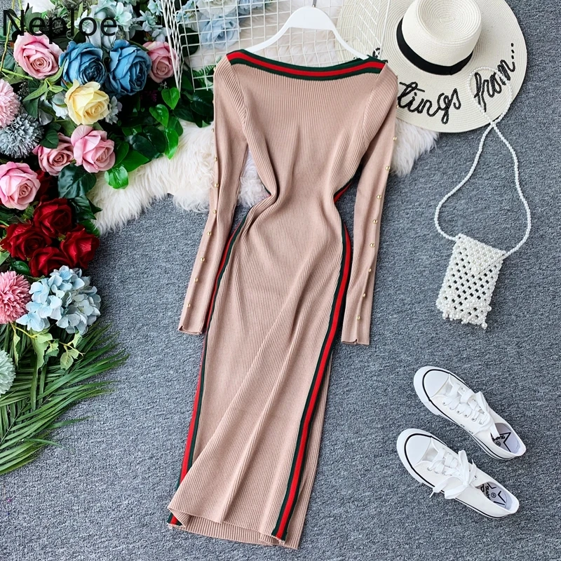 

Neploe Slim Fit Hip Body Sweater Dress Women Patch High Waist Bead Party Vestido Irregluar Knit Maxi Autumn Winter Robe 46054