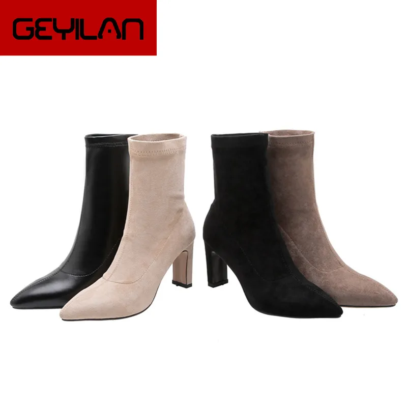 

New Flock Ankle Boots Women For Autumn Winter Fashion Pointed Toe heel Woman Chelsea Boots Plus size 43 stretch female high heel