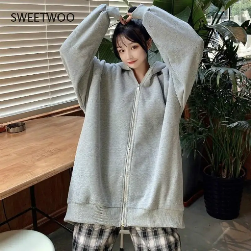 Harajuku Kawaii Bunny Ears Hoodie Women Fashion Top Spring Korea Oversized Loose Thick Zipper Sweatshirt Schoolgirl Cute Clothes