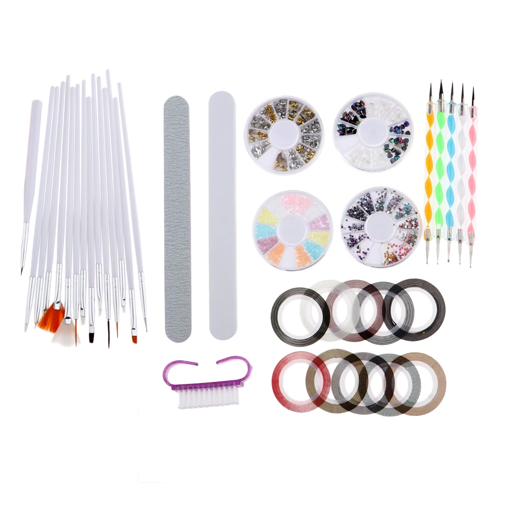 37pcs Manicure Tools Set, 15x Nail Art Liner Brush Pen+5x Dotting Pen+4x Wheel Nail Art Rhinestones+10x Nail Striping Tape