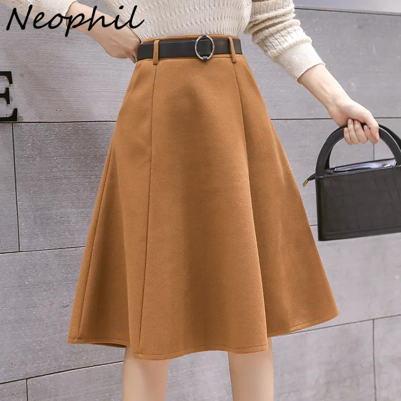 Neophil 2023 Winter Black Woolen A-Line Women Skirts XXL Belt Pockets Fashion Lady High Waist Flare Thick Wool Midi Skirt S21820 woman s wool gloves spring autumn warm elegant lady driving touchscreen five fingers gloves thin style bn87014