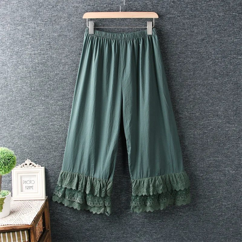 ladies cropped trousers 2021 New Spring Autumn Women Pants Japan Style Mori Girl Lace Wide Leg Pants Cotton Loose Casual Women white capris Pants & Capris