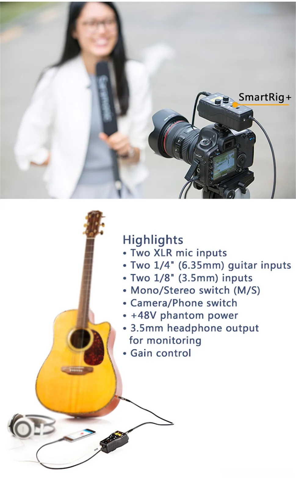 Saramonic SmartRig+ Professional 3.5mm TRRS Microphone Audio Mixer Preamp&Guitar Interface for DSLR Cameras Camcorder Smartphone