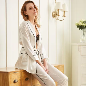

2020 New Style Real Silk Pajamas Suit Europe and America Large Size Women's Mulberry Silk Tracksuit 19 M/M Real Silk WOMEN'S Dre
