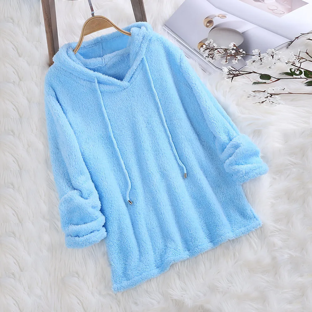 JAYCOSIN fashion ladies long-sleeved soft plush pullover sweatshirt solid color warm casual hooded sweatshirt autumn winter