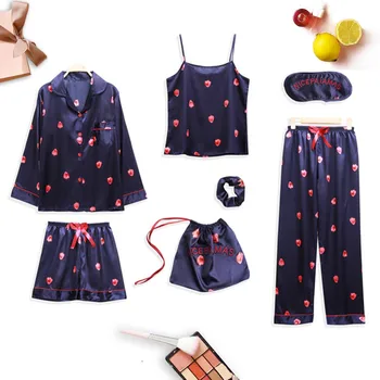 

7pc Sleepwear Women Sexy Pojamas Bathrobes Simulation Silk Printed Pajamas Strawberry Printing Bathrobe Women Long G3
