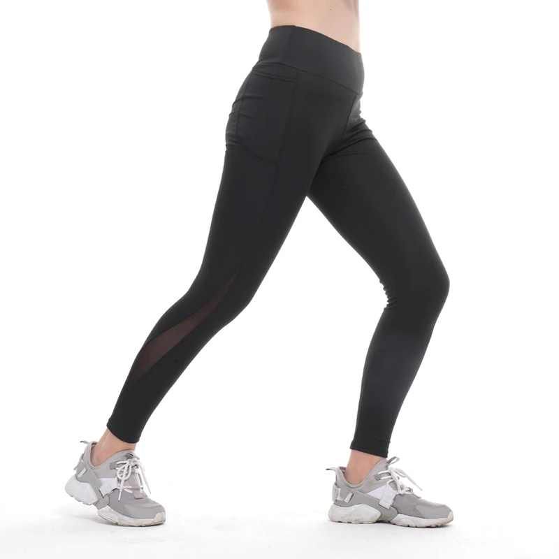 New Solid Color Patchwork High Waist Leggings Pockets Mesh Side Fitness Push Up Skinny Casual Trouser Slim Leggings