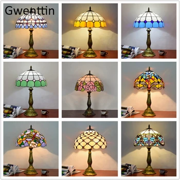 

Tiffany Table Lamps for Bedroom Bed Lamp Mediterranean Stained Glass Lighting Fixtures Nordic LED Standing Desk Home Decoration