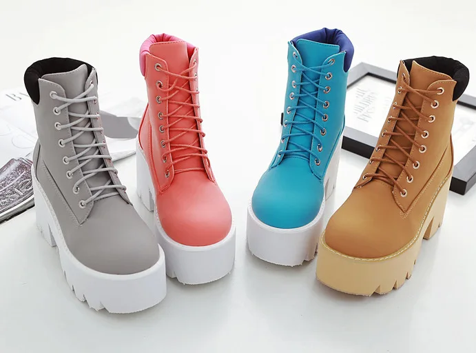

2017 Autumn And Winter Fashionable Boots Classic-Style Mixed Colors Lace-up Short Vamp Waterproof Platform Slanted Heel High-Hee