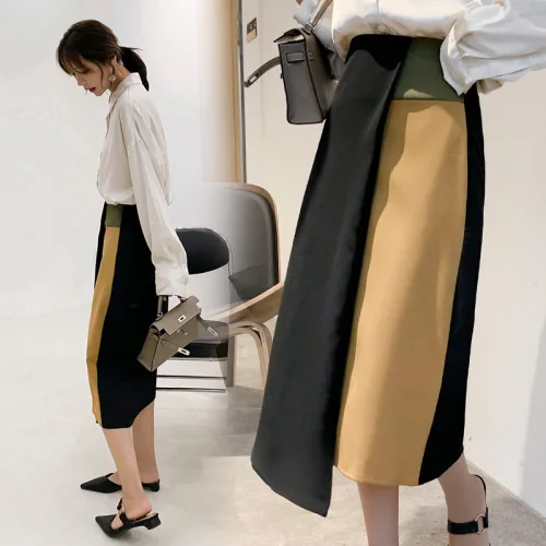 Patchwork Color Women 2019 Autumn Winter Fashion High Waist Irregualr Slim Skirts Female Casual Street A-Line |