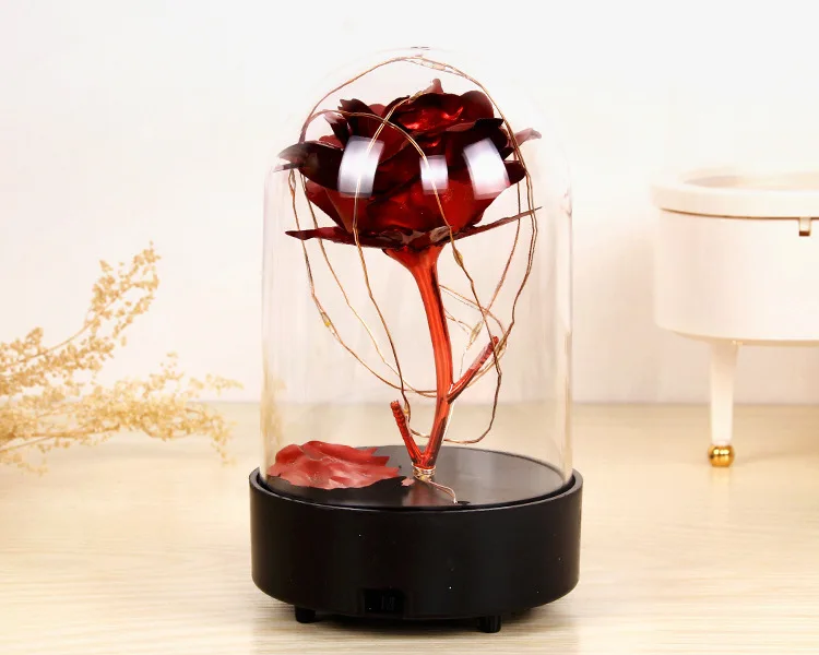 14cm Red Light Красота и чудовище, искусственные цветы, вечная Золотая фольга, роза, светодиодный светильник, стеклянный купол, ночник, подарок на день рождения для девочек - Цвет: 14cm Red Light