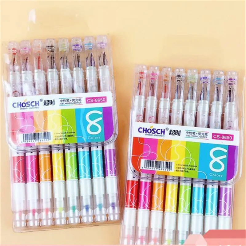 

Kawaii 8 Colors Gel Pen Cute Double-headed Gel Pen and Highlighter Novelty Neutral Pen For Kid School Office Stationery Supplies
