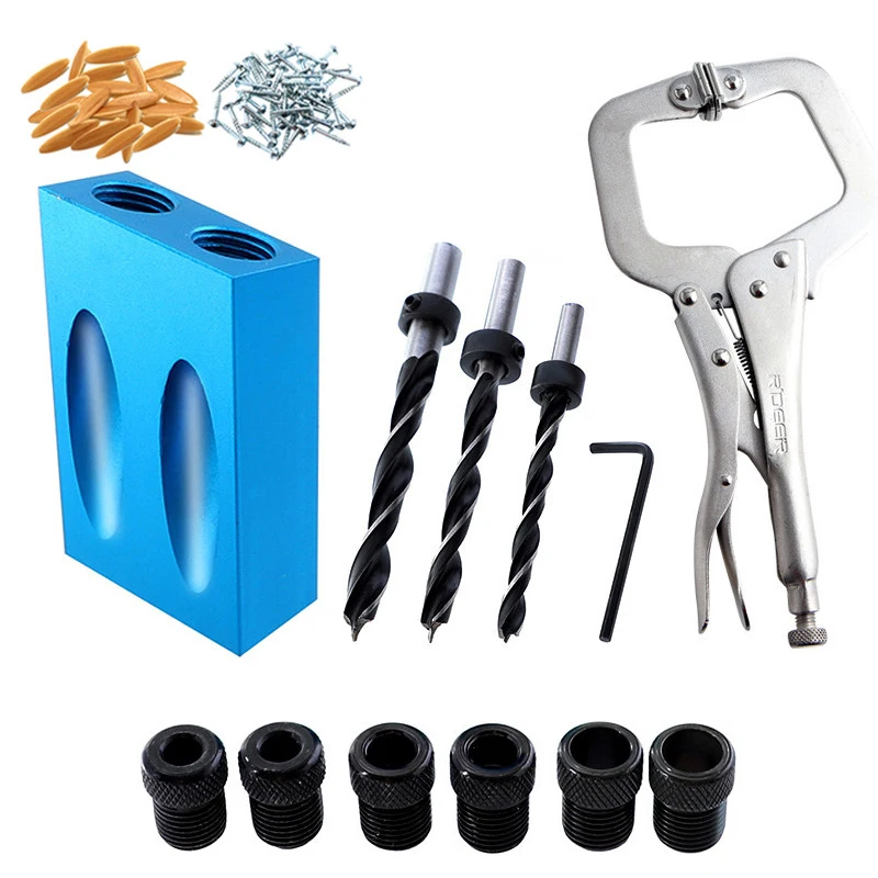 

Hot Woodworking Pocket Hole Jig Kit 6/8/10Mm Angle Drill Guide Set Hole Puncher Locator Jig Drill Bit Set Diy Carpentry To