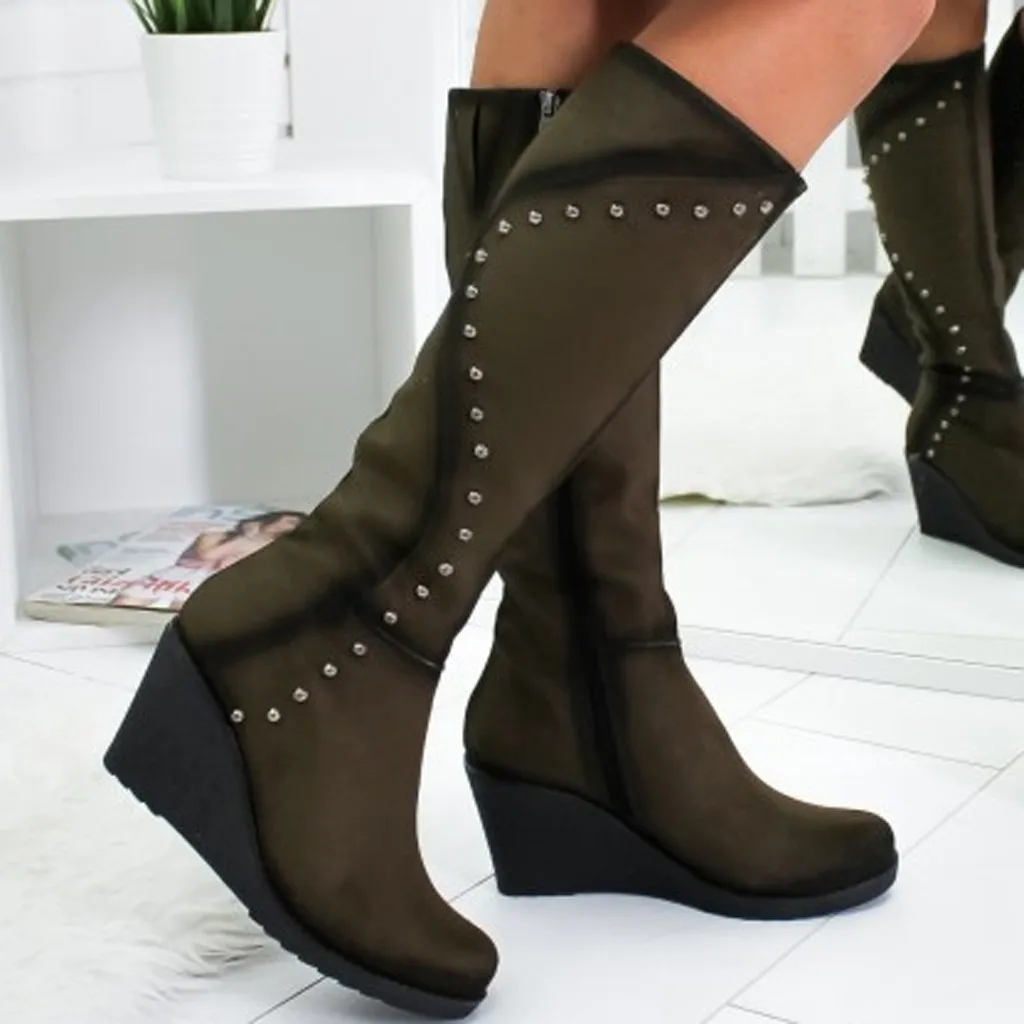 Size36 41 женские ботинки на танкетке с заклепками сезон осень зима модные среднем