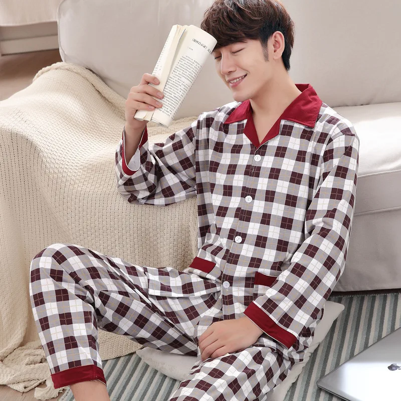 

Pajamas Men's Long Sleeve Pure Cotton Spring Summer Youth Less Middle-aged Spring And Autumn Men Pajamas Cotton Large Size Homew