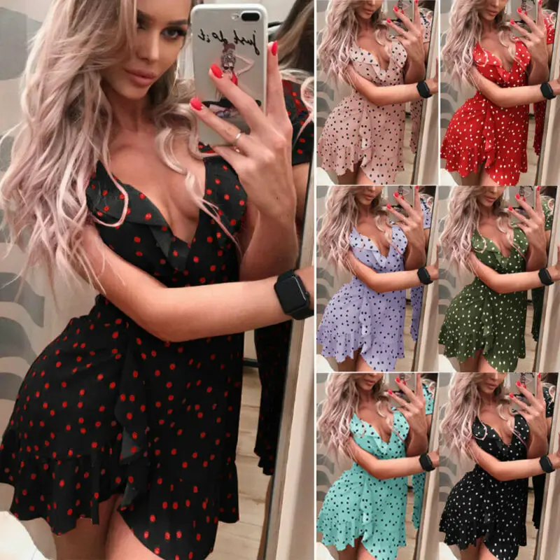 Женское мини-платье в горошек Boho красное черное белое пляжное платье с оборками и