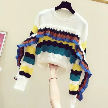

Sweater Woman 2020 New Spring Winter Color Striped Ruffle Round-Neck Long-Sleeve Women's Sweaters Women's Casual Knit Top Jumper
