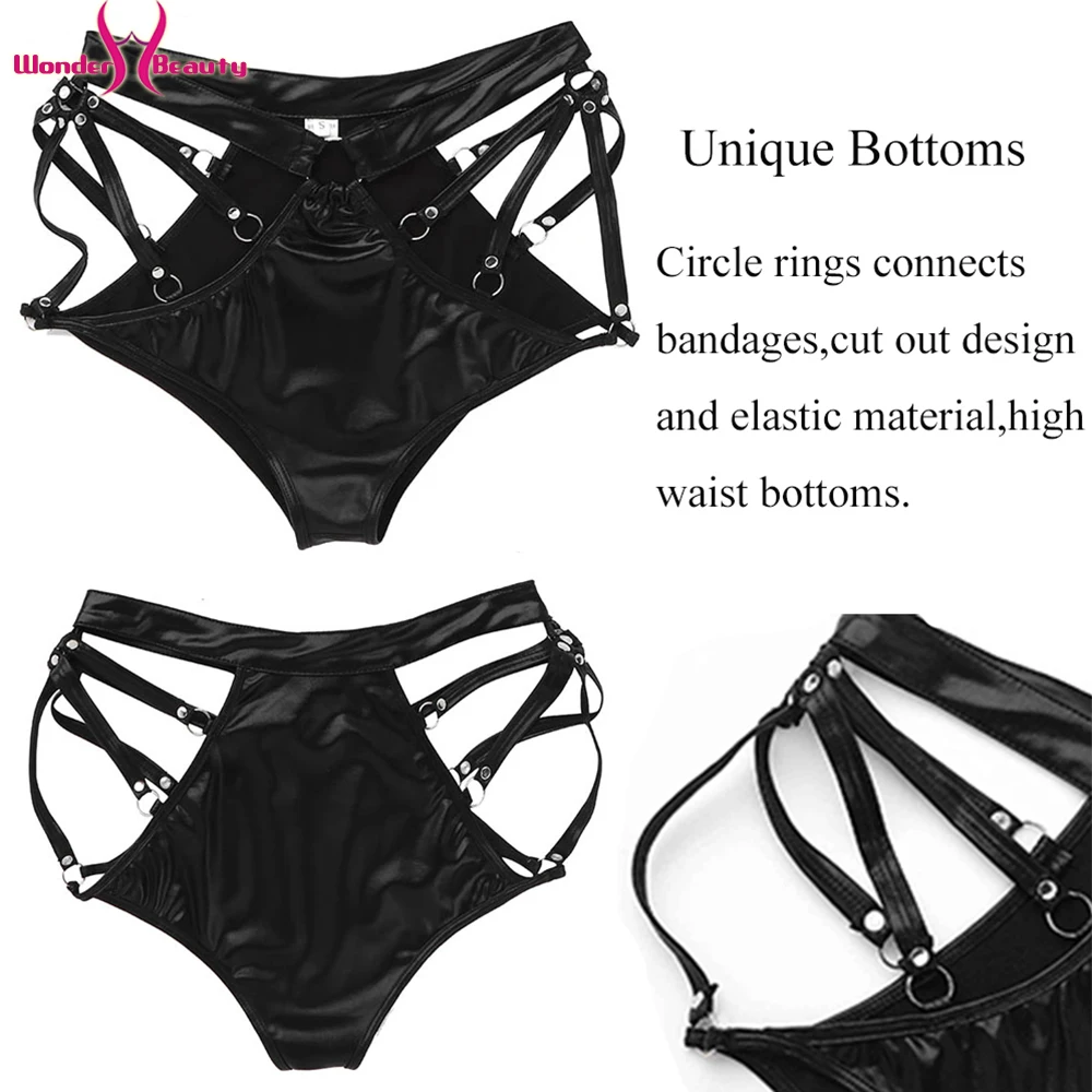 Women Sexy Wet Look Leather Lingerie Set Erotic Strappy Fetish  PVC Underwear High Waist Panties Latex Catsuit   (5)
