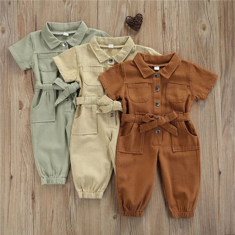 1-5 Years Kids Girls Casual Long Sleeve Jumpsuit Solid Color Lapel