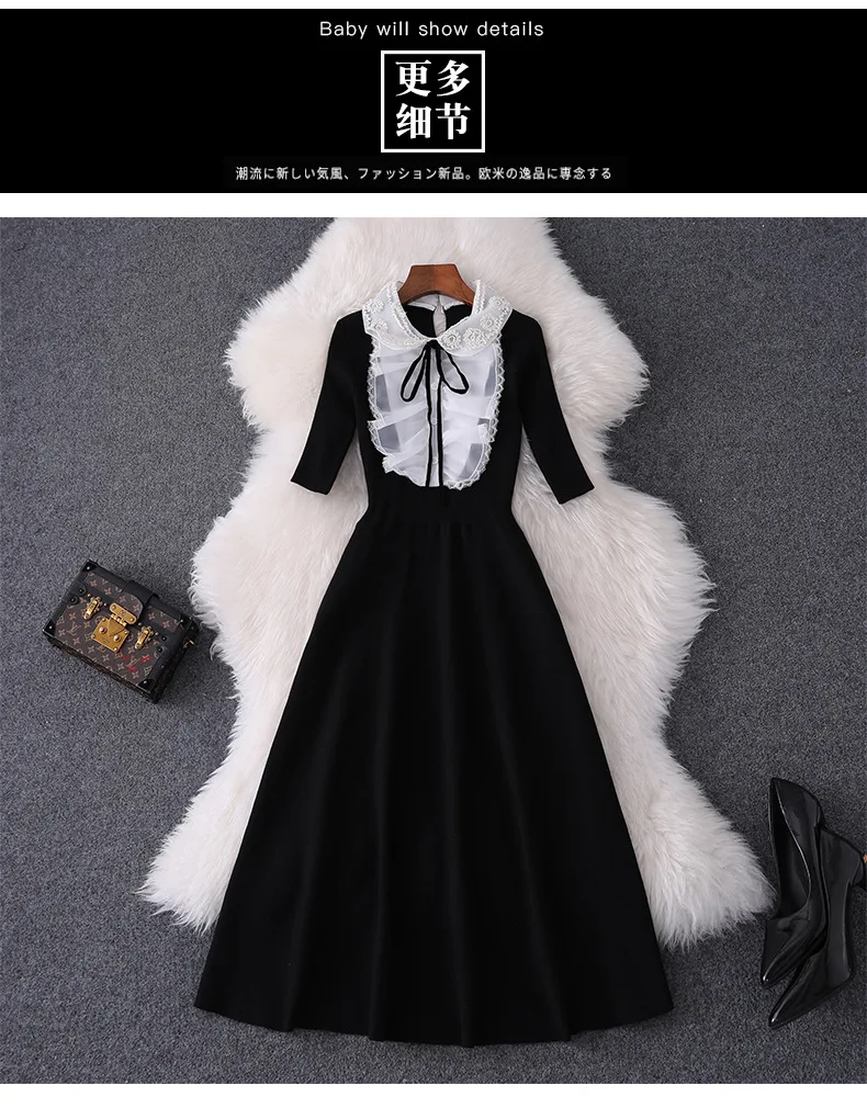 Женское черное платье-свитер с белыми оборками и кружевным воротником в стиле Питера Пэна, винтажные платья в стиле Лолиты на осень и зиму, новинка, вязаные