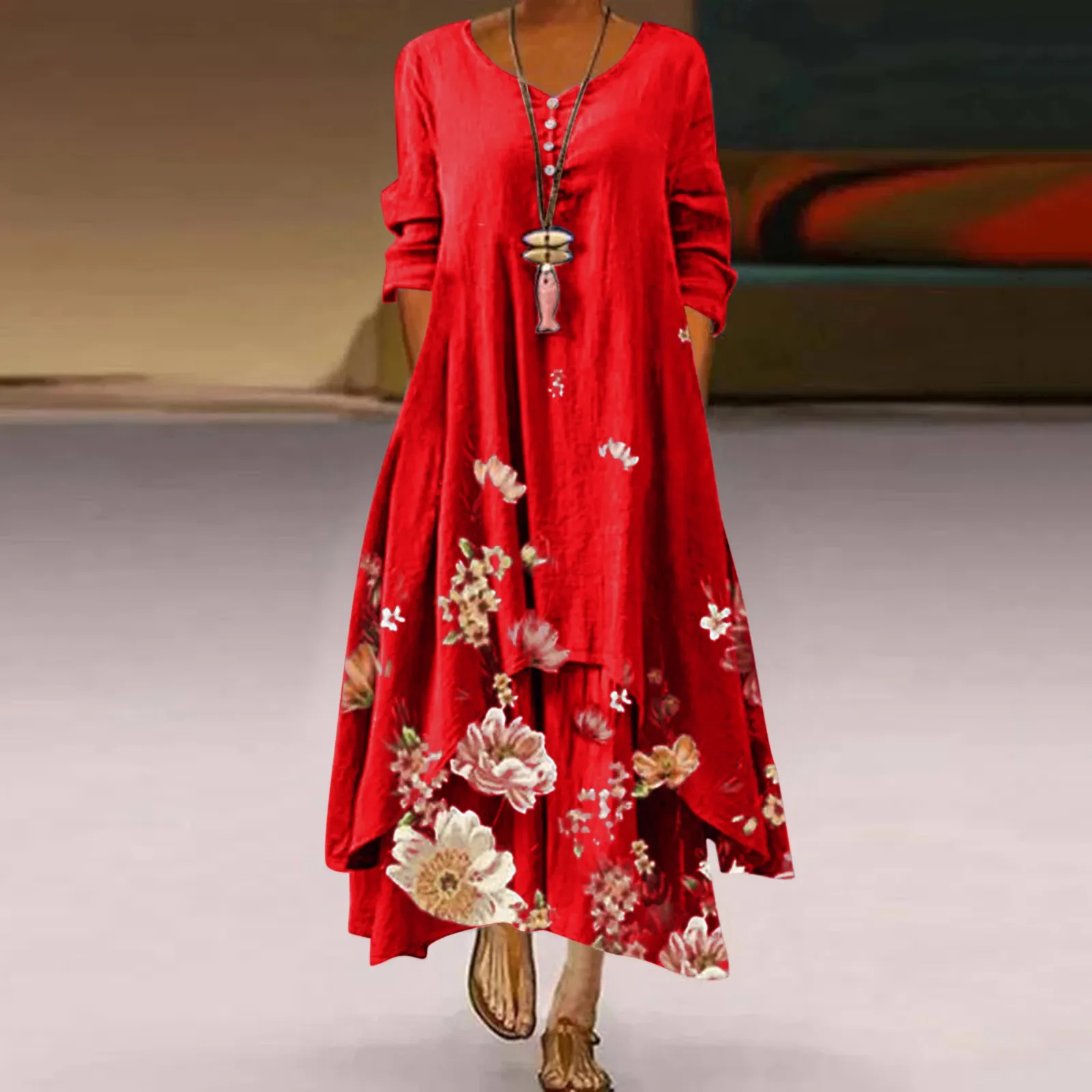 Plus Size Autumn Dresses for Women Casual Floral Print Dress O-Neck Long Sleeve Irregular Loose