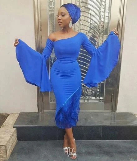 Aso Ebi плюс размер Выпускные Платья Нерегулярные шеи с длинными рукавами спандекс вечерние платья русалки Аравией Короткие вечерние праздничные платья