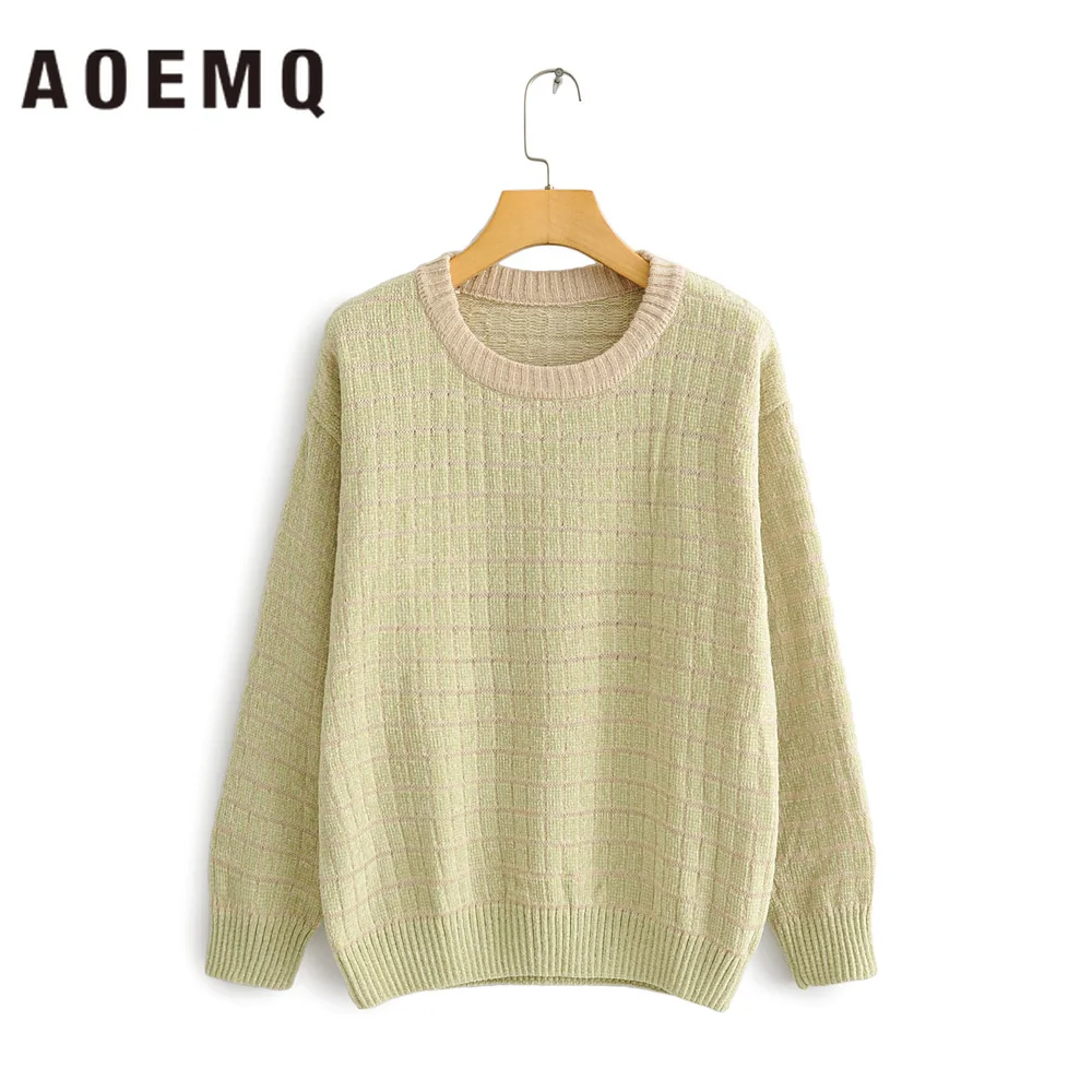 AOEMQ Fashion O-Neck Pullovers Sweater Plaid Striped Green/Khaki Color Winter Loose Soft One Size Women Tops Clothing | Женская одежда