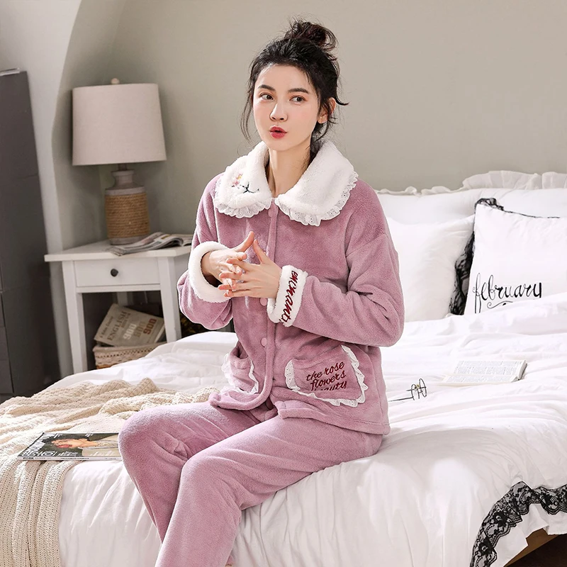 

Pajama Woman Winter Autumn Flannel Pajamas Women Thickened Plus Velvet Home Service Ladies Winter Coral Fleece Warm Suit