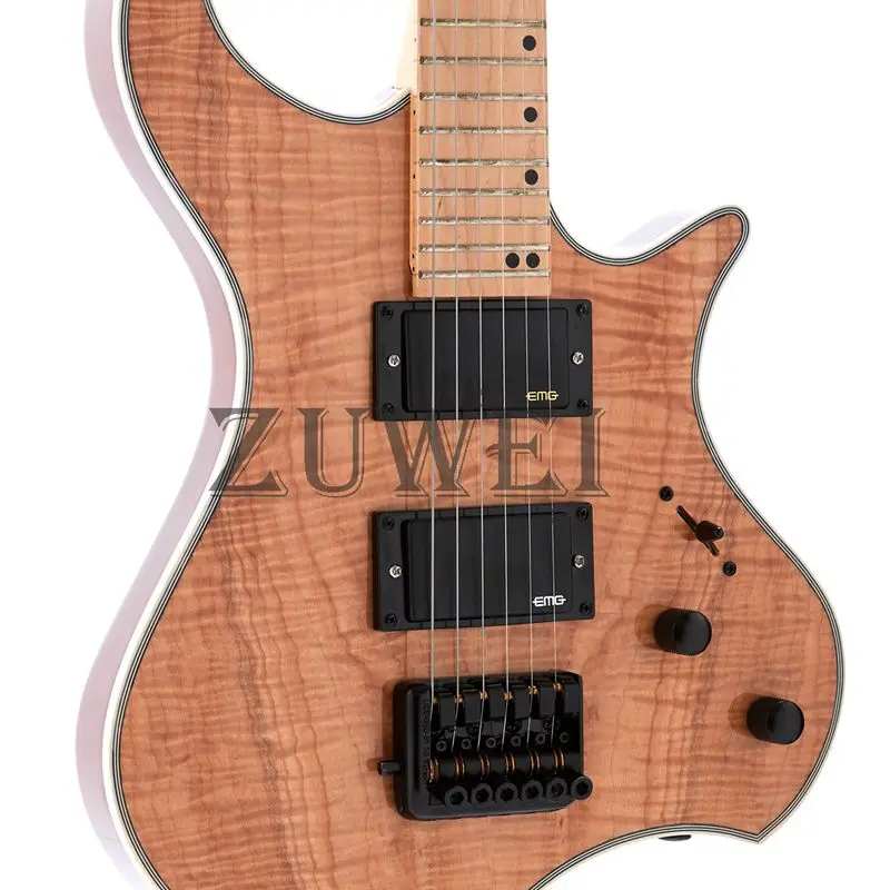 2019High Quality Headless Electric Guitar Koa Maple Top Nature Color