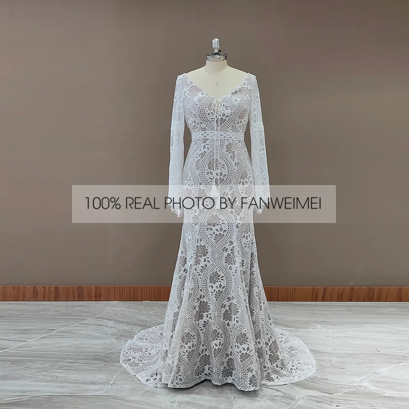 803#2021 New Design Long Lantern Sleeve Empire V-Neck Backless Small Train Beauty Backless Lace Boho Beach Wedding Dresses Women modest wedding dresses