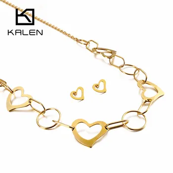 

KALEN Multiple Heart Interlock Mujer Choker Dubai Gold Color Stainless Steel Necklace Earrings Sets For Women Wedding Jewellery