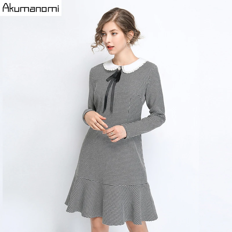 

Autumn Winter Dress Plus Size 5xl Houndstooth Peter Pan Collar Full Sleeve A-line Casual Spring Party office Dress vestidos jurk