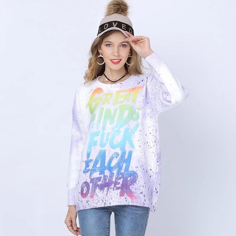 Women's Pullovers Sweater Oversized Letter Print O Neck Loose Knitted Sweaters Womens Clothes Tops Sueter Mujer Invierno | Женская
