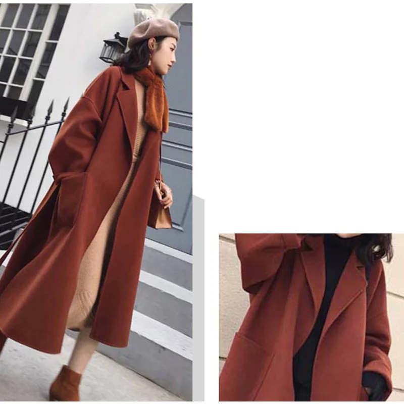 Хепберн модный пояс женское длинное кашемировое пальто корейские свободные офисные женские шерстяные куртки карманы элегантная женская верхняя одежда