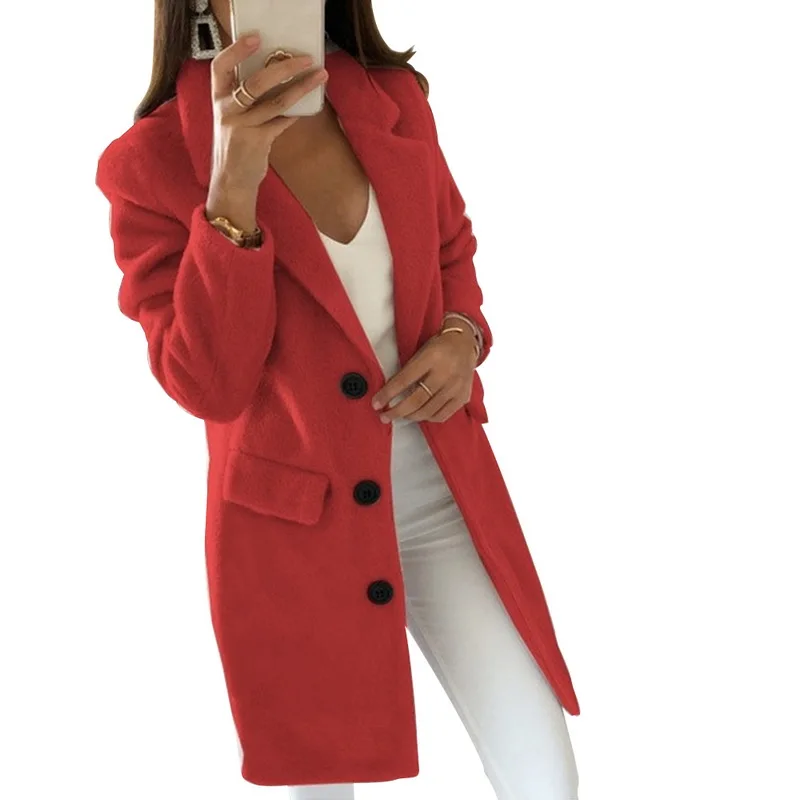 Модное осеннее длинное женское пальто с отложным воротником, однотонное желтое пальто, повседневное женское тонкое элегантное пальто, верхняя одежда - Цвет: red 3