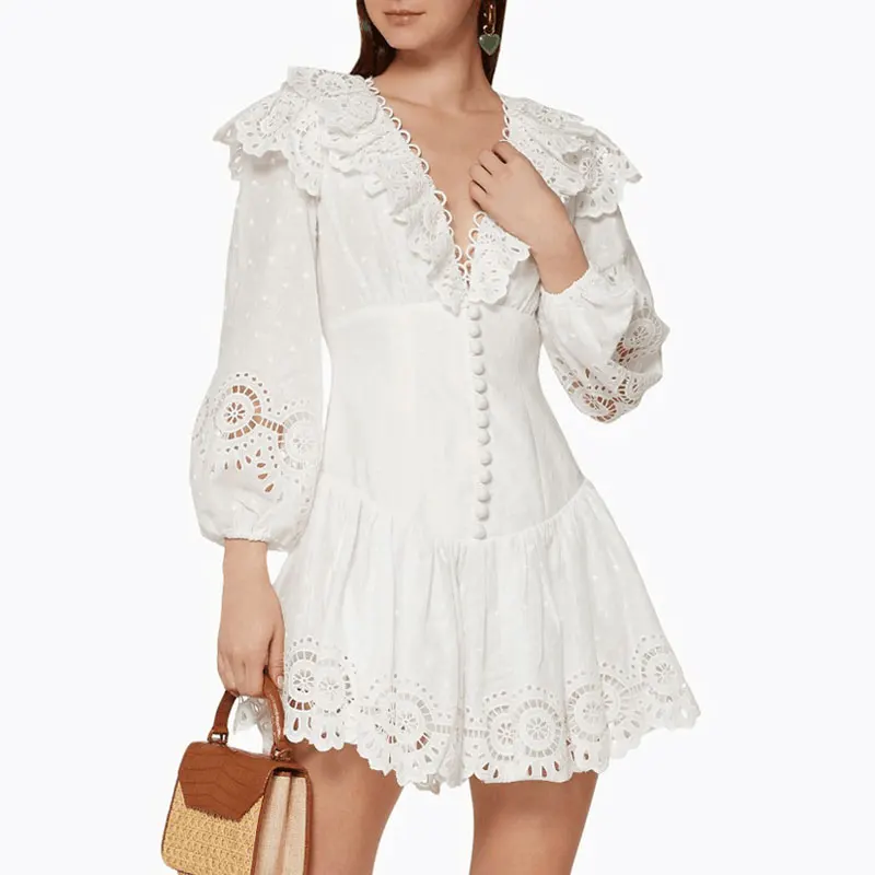 

High Quality White Cotton Women Dresses 2020 Autumn New Hollow Out Embroidery Ruffles Lantern Sleeve Sexy Mini Dress Vestidos