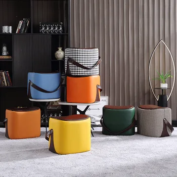 

Nordic sofa stool home living room leather stool footstool sitting pier portable saddle stool shoe stool door creative shoe chan