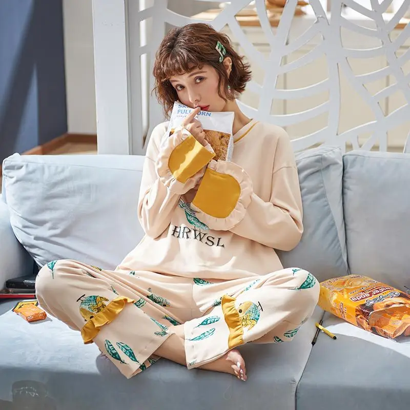 

X3934 # Lettered Blue Fish Pullover LZ Long Sleeve Korean-style Sweet Pajamas Tracksuit Piece Series