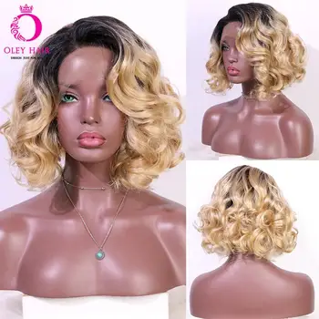 

OLEY Hair Wavy Honey Blonde Short Bob Wig Heat Resistant Ombre Synthetic Lace Front Wig Glueless Cosplay Wigs For Black Women